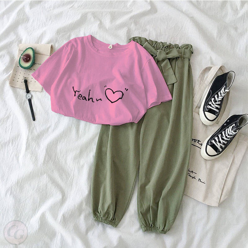 粉色/T恤+綠色/褲子