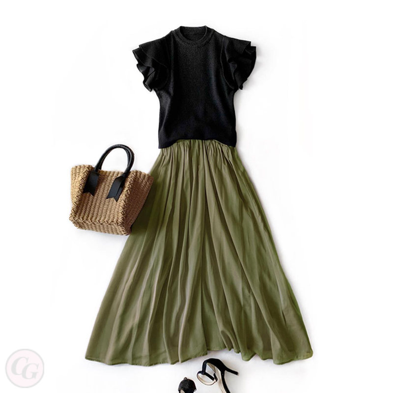 黑色上衣+綠色半身裙/套裝
