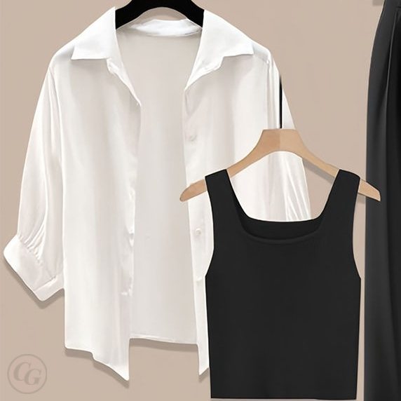 白襯衫+黑色背心/兩件套